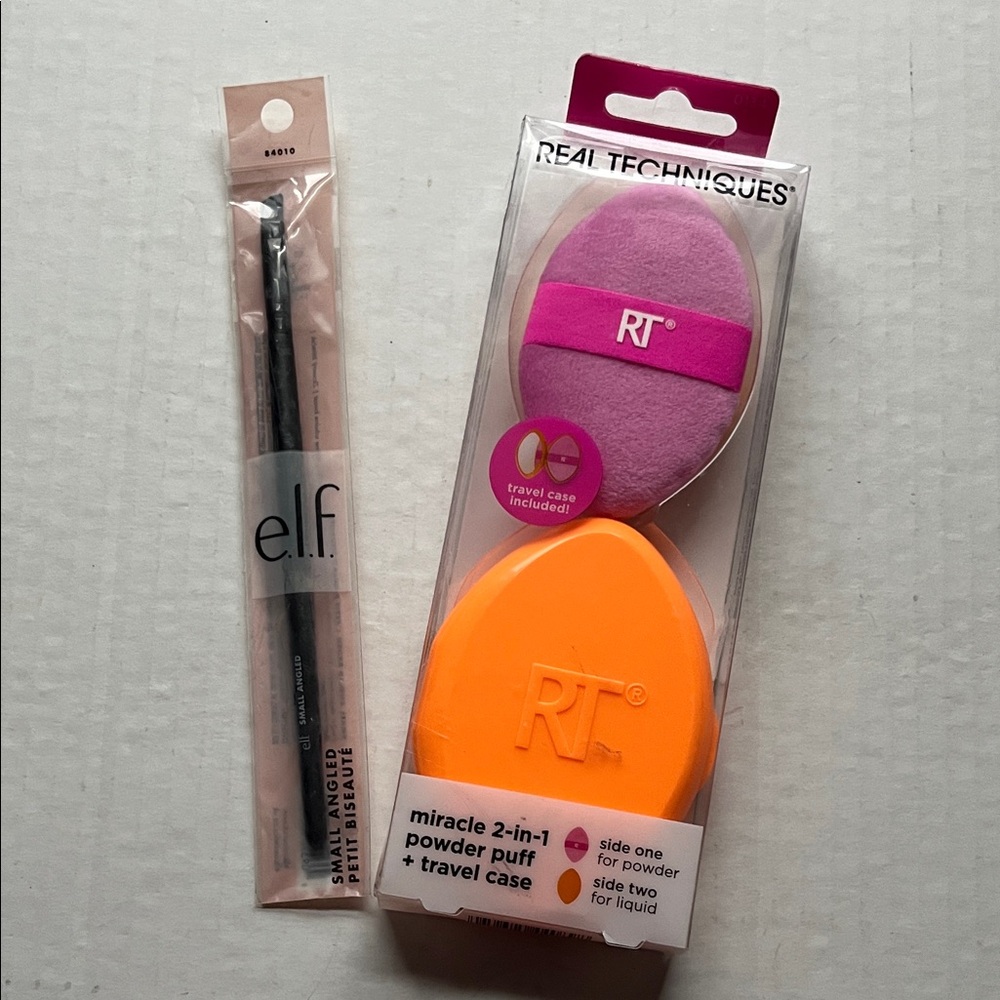 Real Techniques Dual Powder Puff Set - Pink and Orange and Elf brush bundle